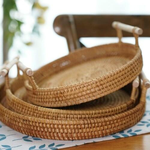 S/m/l Round Rattan Bread Basket Woven Tea Tray With Handles Home Dinner Serving Decoration