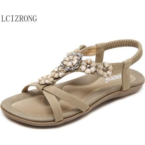 LCIZRONG Designer Bohemia Flower Women Sandals Summer Gladiator Beach Flat Ladies Casual Sandals Female Elastic Plus Size Shoes