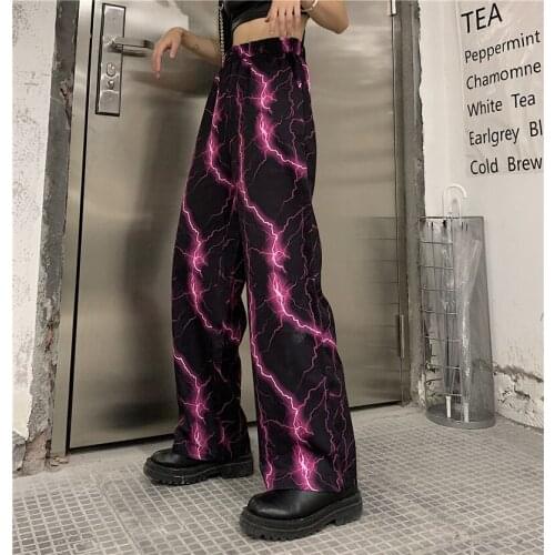 Summer Korea Hip-Hop Punk Style Street Girl Lightning Streaks Chic Trousers High Waist Vintage Woman BF Couple Harajuku Pants