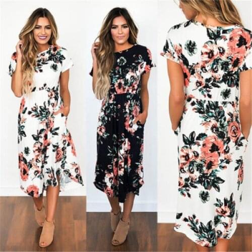 Summer Dress Women Fashion Short Sleeve Boho Floral Print Beach Ladies Vintage Bandage Bodycon Clothes Vestidos
