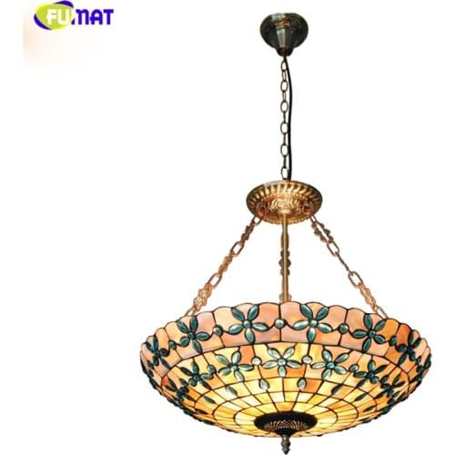 FUMAT 24" Tiffany Natural Shell Chandeliers European Indoor Lamps Home Decor Blue Flowers Lampshade Lightings For Living Room