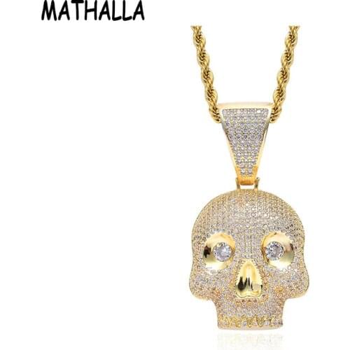 MATHALLA Skull Head Necklaces & Pendant Gold Silver Color Bling Cubic Zircon Mens Hip hop Necklace Rock Jewelry