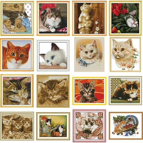 Various cute cat series DMC count cross stitch kit DIY animal pattern 11CT 14CT canvas fabric printing needlework embroidery set