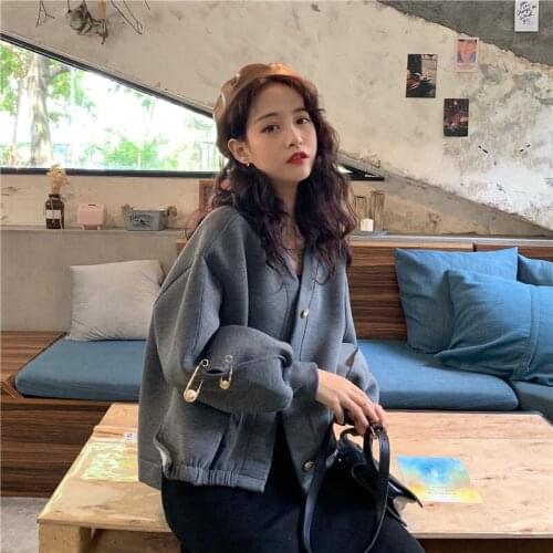 Autumn and Winter Korean Style Coat Solid Color Long-sleeved Loose Short Fashion Single-breasted V-neck Double Pocket Coat