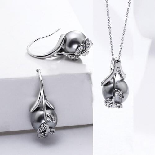2Pcs/Set Rose Gold Color Necklace Earrings Rhodium Plate Grey Pearl & Cubic Zircon Fashion Leaf Jewelry