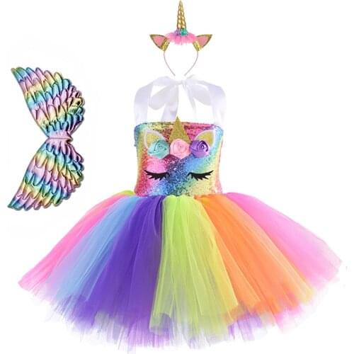 Sequin Unicorn Dress Tutu Christmas Party Princess Girls Dress With Wings 3Pcs Outfit Birthday Present Halloween Cosplay Costume