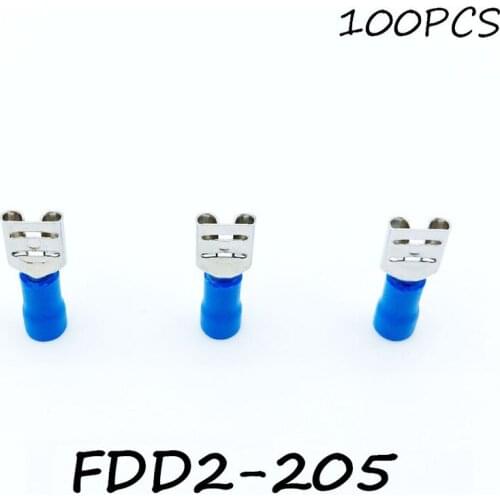 Insulated Female Disconnector FDD2-205 100PCS/Pack Blue Spade Quick Electrical Connector Crimp Wire Terminal AWG Terminator