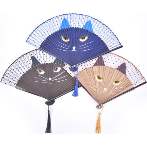 Cute Cat Hand Fan Dance Feather Folding Fans Chinese Style Hollow Handle Fan Party Supplies Gifts Wedding Party Decoration New