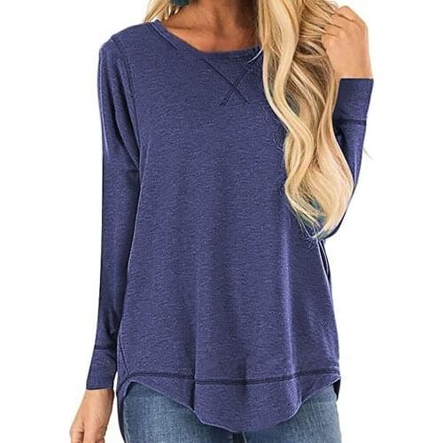 Spring Autumn Cotton Womens T-Shirt Round Collar Long Sleeve Pullover Solid Loose Fashion Casual T-Shirt
