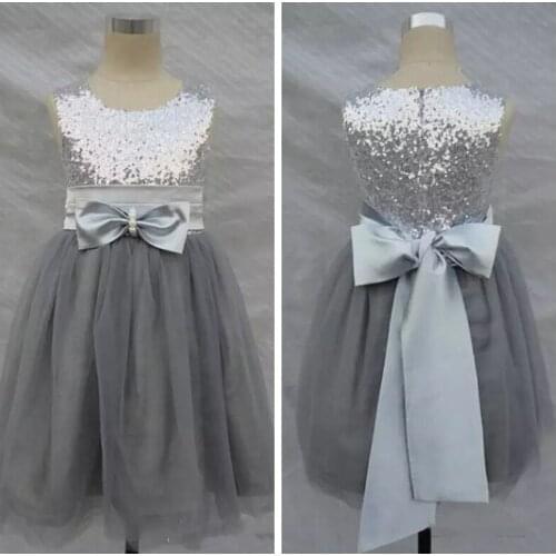 Bling Bling Flowers Girl Dresses Silver Grey Sequins Sash Bow Tulle Flower Girls' Formal Gown Cheap Sale Toddler