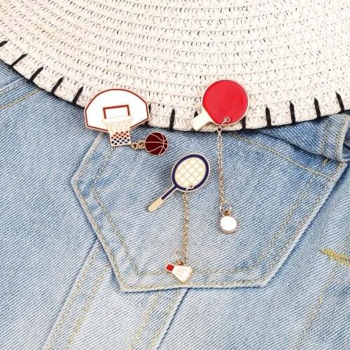 Cute Sports Enamel Brooches Pin Basketball Hoop Badminton Ping Pong Metal Chain Badge Bag Denim Lapel Jewelry For Women Men Kids