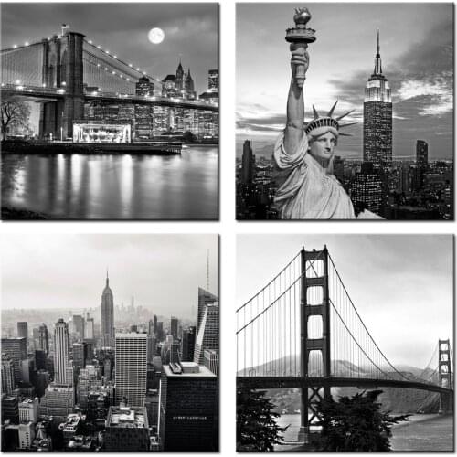 Scene Art Deco Modern Black and White New York Wall Art Brooklyn Bridge Empire State Building Golden Gate Bridge Canvas Print