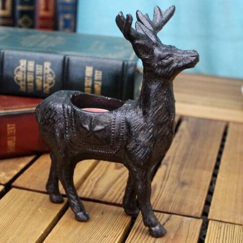 Vintage Black Cast Iron Standing Reindeer Figurines Tea Wax Candle Holder European Handmade Home Table Decor Rough Animal Statue
