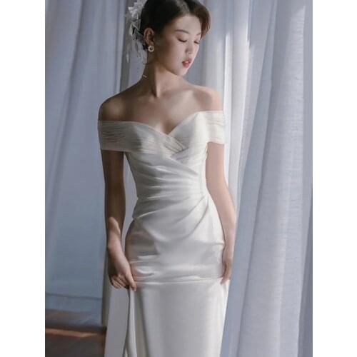 Mermaid Light Wedding Dress 2021 New Off The Shoulder Sweatheart Simple Satin Small Train Bridal Dress Big Butterfly Lace up