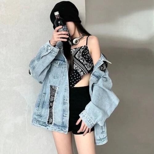 Autumn Women Flowers Print Patchwork Denim Jacket Washed Light Blue Loose Long Sleeve Casual Streetwear Female Jeans Veste Femme