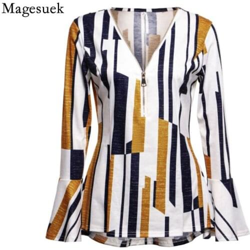 Fashion Printing Flare Sleeve T-shirt Zipper Pullover Blouse Women V-neck European Contrast Color Autumn Splicing Shirt 12417