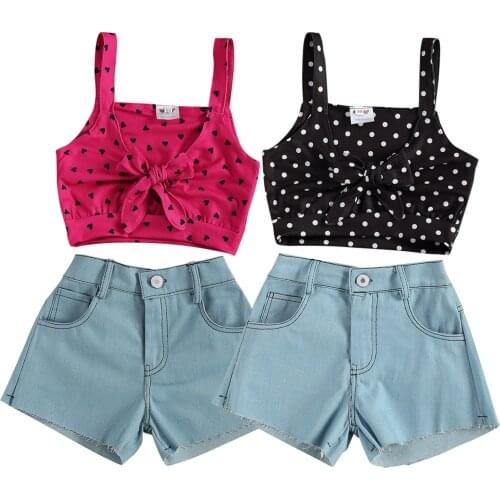 Citgeett Summer Kids Girls Casual Suit Sleeveless Bow Lace-up Tops Loose Jeans Shorts Fashion Set Clothes