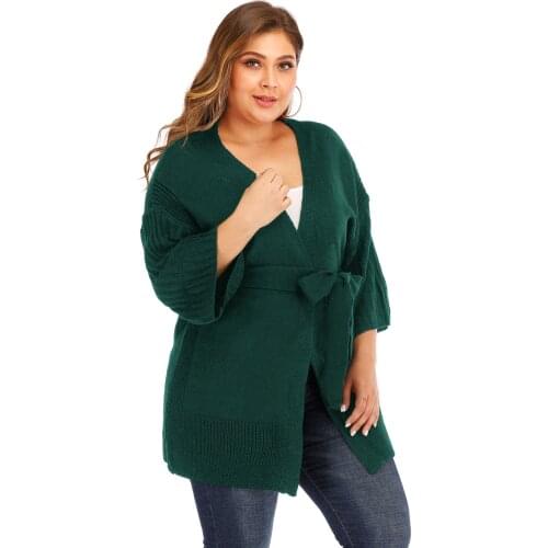 Plus Size Cardigan Women 2020 Autumn Winter Three Quarter Sleeve Knit Sweater With Belt Female Loose Oversized Jumper Jacket