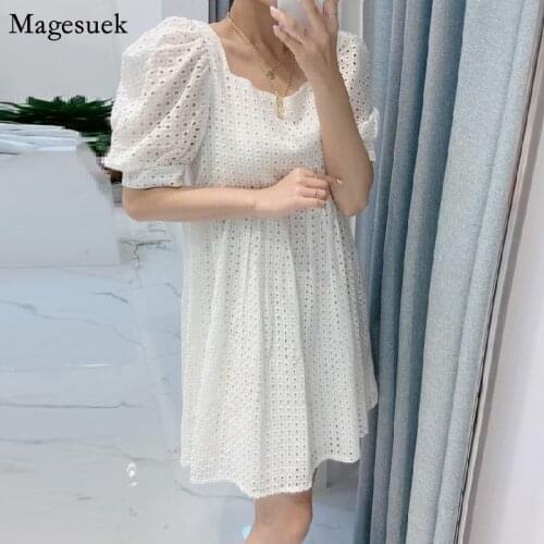 Korean Square Collar White Dresses For Women 2021 Puff Sleeve Hollow Mini Dress Women Plus Size Black Loose Dress Vestidos 15196