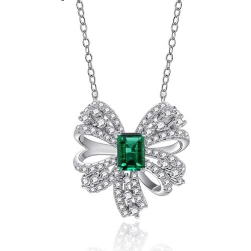 Trendy 100% 925 Sterling Silver Created Bowknot Real Emerald Wedding Pendant Necklace For Women Lovely Party Fine Jewelry Gifts