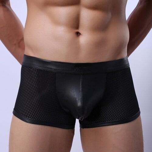 2017 Fashion Black Faux Leather Men Sexy Mesh Fishnet Bulge Penis Pouch Long Boxers Panties/Gay Male Shorts Underwear