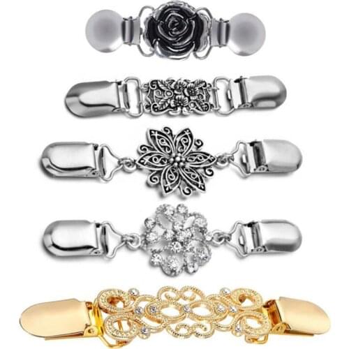5pcs/set Rhinestone Alloy Collar Clip Brooch Antique Silver Color Cardigan Duckbill Clip Brooch Clothing Jewelry Decoration