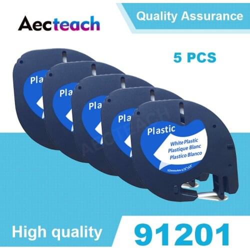 5PCS Compatible for Dymo LetraTag 91201 Black on White Plastic Label Tapes for LT-100H, LT-100T, LT-110T, QX 50, XR, XM