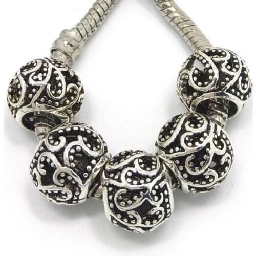 Free shipping 50pcs 11mm new design big hole antique silver plated charms beads fit European bracelet DIY