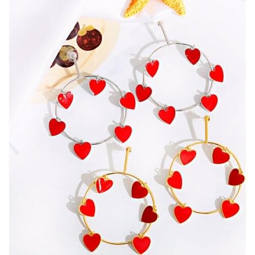 Big Round Red Heart Stud Earrings Gold Silver Color Statement Earrings For Women Girl Jewelry Party Gifts