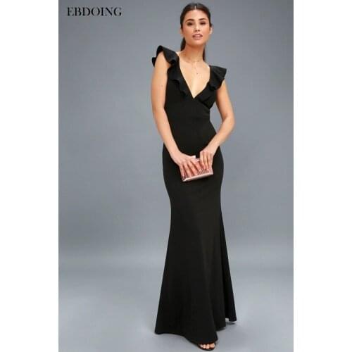 EBDOING Elegant Evening Dresse Robe de soiree V-neck Black Long Fromal Dress Custom Made Plus Size Vestidos de festa Party Gowns