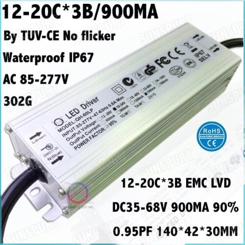 2Pcs By CE No Flicker 60W AC85-277V LED Driver 12-20Cx3B 900MA DC35-68V Constant Current WP-IP67 For LED Spotlight Free Shipping