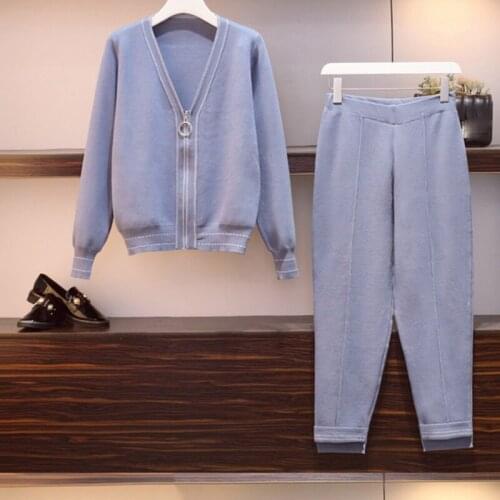 Spring woman 2 piece sets females knit pants suits large size 4XL Lady long sleeve V-collar sweater + trousers sets for women