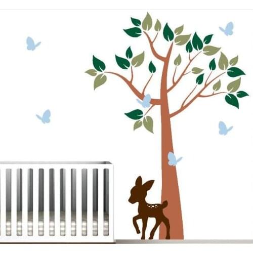 Colorful Nursery Wall Mural Forest Tree Deer Butterflies Wall Stickers Bedroom Living Room Removable Vinyl Decor Decals ZA808