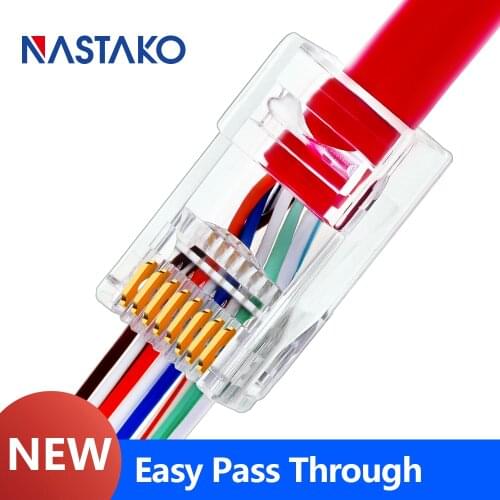NASTAKO Unshielded RJ45 Pass Through Cat5 Cat6 Connector UTP 24K Full Gold Plated 3 Prong Modular Plug 8P8C Ends