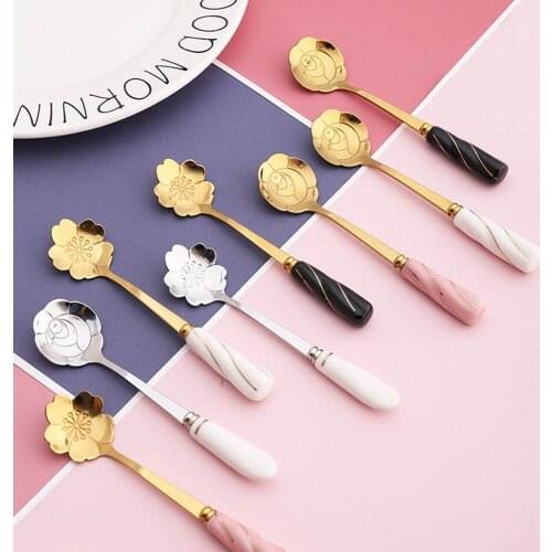 Flower Spoon Ceramic Handle Stainless Steel Tea Coffee Spoon Teaspoons Coffee Stirrers Mixing Spoon Drink Tableware