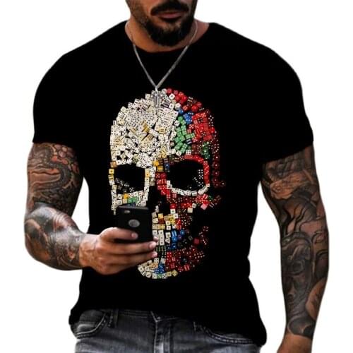 Summer Mens Short-Sleeved Sports T-Shirt Large Size Round Neck Skull 3D Printing Casual Street Hip Hop Breathable Men Clothing