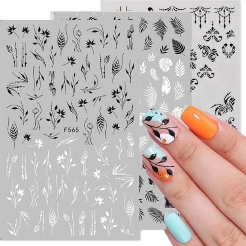 1 Sheet Black White 3D Nail Art Stickers Sliders Flowers Leaves Mandala Leaf Geometry Adhesive Nail Decals Foil Design