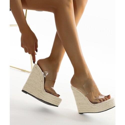 PVC Transparent Peep Toe Cane Straw Weave Platform Wedges Slippers Sandals Women Fashion High Heels Female Shoes668