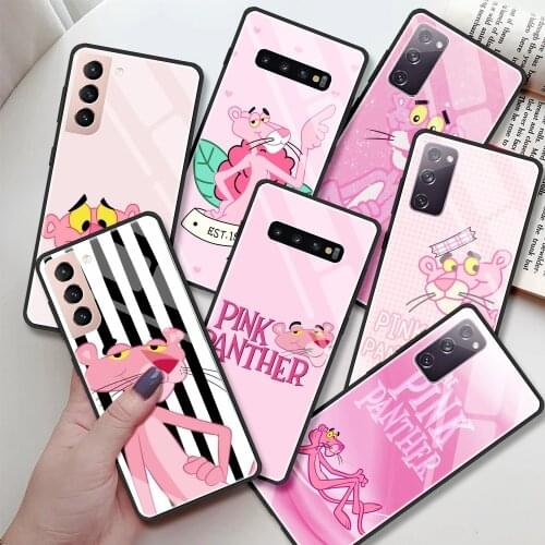 Glass Case For Samsung Galaxy S20 FE S10 Plus S21 Ultra Note 10 Lite 20 S9 S10e S8 9 Tempered Phone Cover Cartoon Pink Panther
