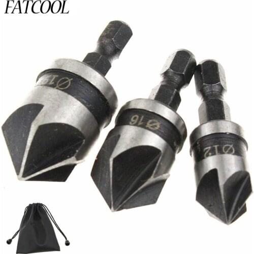 FATCOOL 90 Degree 1/4 Hex Shank Drill Bit 5 Flute 12-19mm Chamfer Counter Sink Chamfering Debur Countersink Woodworking Tool