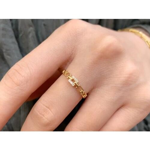 18K Solid Yellow Gold Jewelry(AU750) Ins Designer Chain Diamond Ring Minimalist Style Stacked With Square Plate Can Beengraved