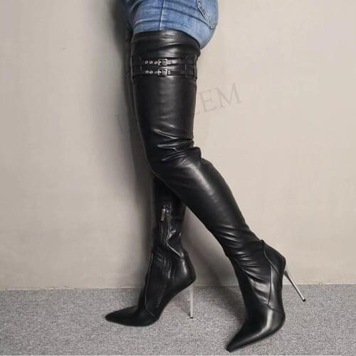 LAIGZEM Womens Over Knee Boots Silver Stiletto Heels Faux Leather Zip Thigh Boots Pointy Botas Botines Mujer Large Size 47