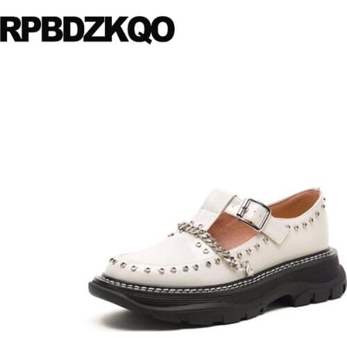Flats Designer Shoes Women Luxury 2021 Metal Beige Genuine Leather Rock High Quality Mary Jane Rivet Chain Italian Celebrity