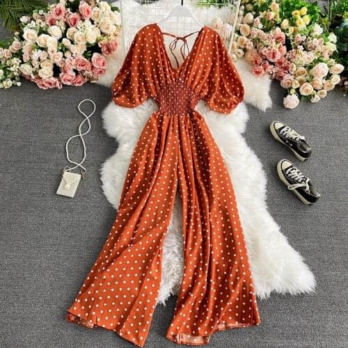 Summer Chiffon Polka Dot Jumpsuit Woman Outfit Sexy V-Neck Bat Sleeve Elastic Waist Wide Leg Pants Boho Rompers Playsuits