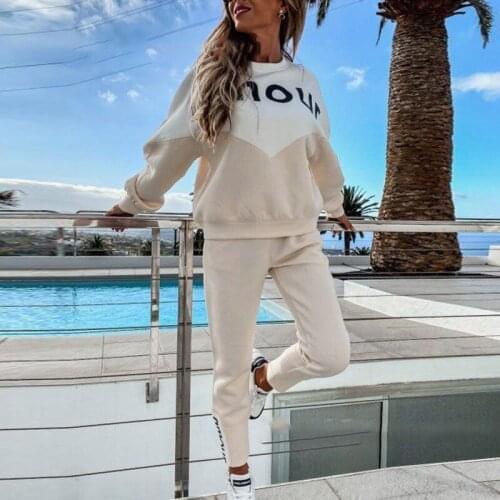 Knitted Panelled Letter Women Two Piece Set Pullover Sweater Drawstring Pencil Pants Suit 2021 Autumn Lady Sportswear Sets