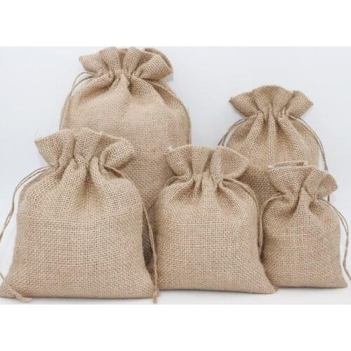 10pcs/lot 10x15cm, 14x18cm, 16x20cm, 15x25cm, 20x30cm, 24x35cm, 29x39cm Natural Jute Drawstring Bags Hessian Burlap Gift Bag
