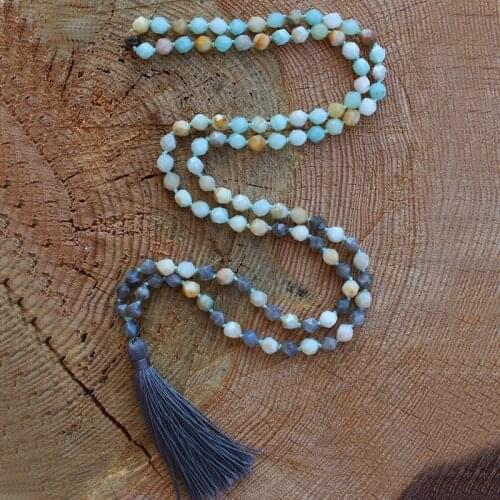 108 Amazonite & Labradorite Necklaces Mala Beads Hand Knotted Necklace Star Cut Beads With Tassel Jeweley Necklace For Women