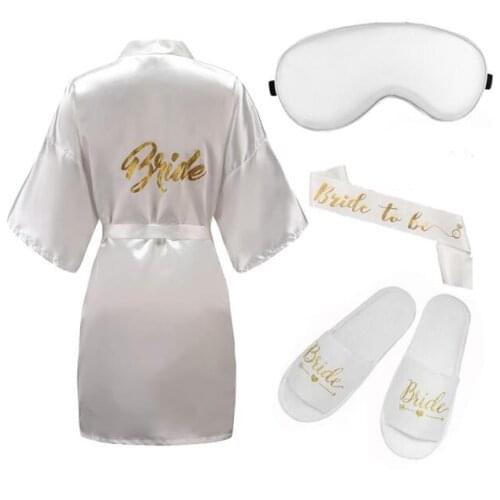 4pc set of bride robe eyemask slippers sash bridesmaid kimono wedding bridal party Bachelorette bathrobe getting ready robes