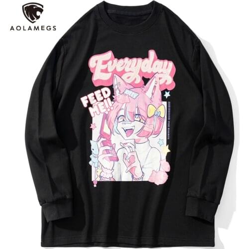 Aolamegs Sweatshirts Men Cartoon Anime Pink Hair Girl Printed Pullover Otaku O-Neck Baggy Japanese Harajuku College Style Hoodie
