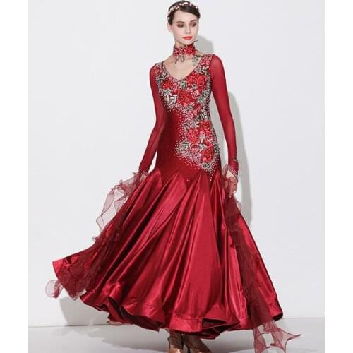 Ballroom standard dresses woman competition girls ballroom dresses rhinestone crystal wine red S7032